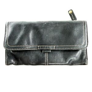Fossil Black Leather Trifold Snap Large Wallet Slouchy Clutch Credit Cards
